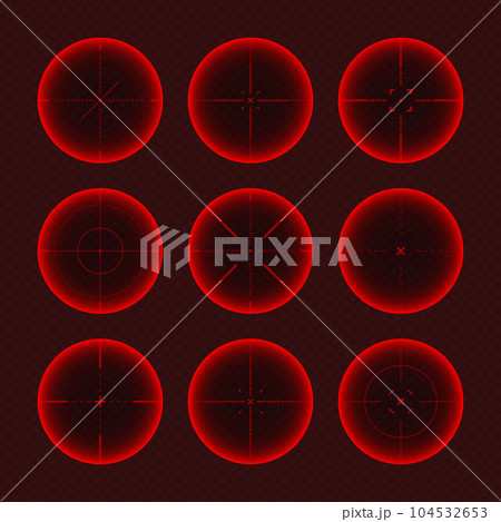 Various weapon thermal infrared sights, sniper rifle optical scopes. Hunting gun viewfinder with crosshair. Aim, shooting mark symbol. Military target sign. Game UI element. Vector illustration Various weapon thermal infrared sights, sniper rifle optical scopes. Hunting gun viewfinder with crosshair. Aim, shooting mark symbol. Military target sign. Game UI element. Vector illustration 104532653