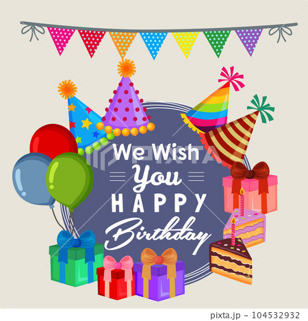 cute wish you happy birthday with party cake flat style 104532932