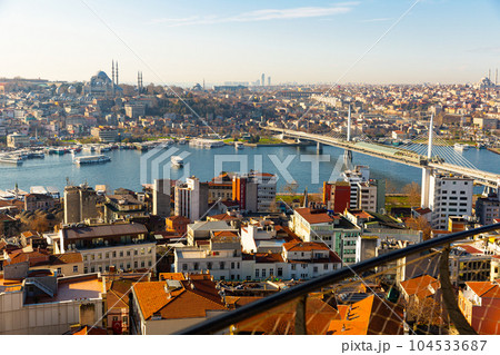 Golden Horn bay with metro bridge and Suleymaniye Mosque in Istanbul Golden Horn bay with metro bridge and Suleymaniye Mosque in Istanbul 104533687