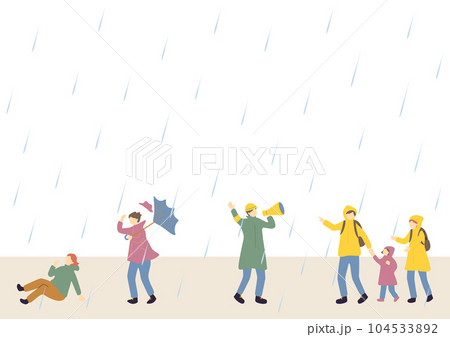 豪雨の中避難する人達 104533892