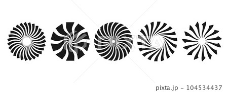 Black and white curled sunburst circles collection. Stylized radial spinning elements. Geometric round twisted rays, beams or stars pack. Vector illustration concept for banner, badge, sticker, poster 104534437