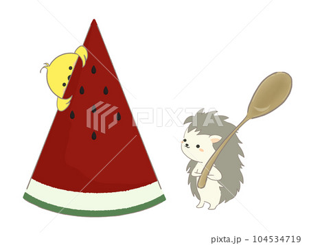 スイカとハリネズミとヒヨコのイラスト 104534719