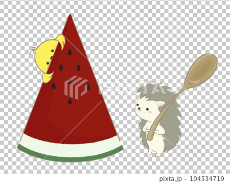 スイカとハリネズミとヒヨコのイラスト 104534719