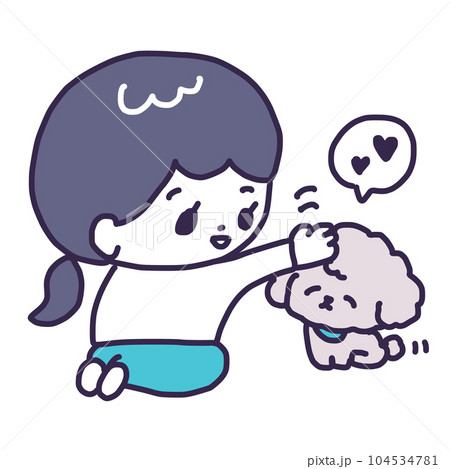 若い女性に頭を撫でられるかわいいトイプードルの子犬のイラスト（犬のしつけ/信頼関係） 104534781