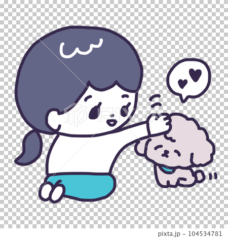 一個可愛的玩具貴賓犬小狗的插圖，它的頭被一個年輕女人撫摸（狗紀律/信任關係） 104534781