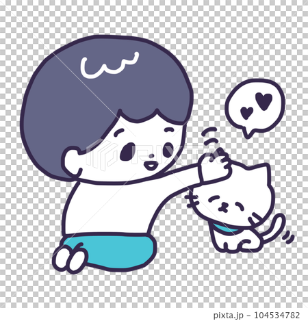 Illustration of a cute white kitten whose head is stroked by a young man (cat discipline / trust relationship) 104534782