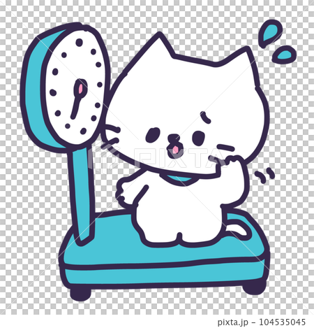 体重計に乗る太ったかわいい白い色の子猫のイラスト 104535045