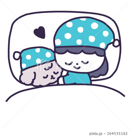 ベッドでかわいいトイプードルの子犬と寝ているナイトキャップをかぶった女の子のイラスト 104535182