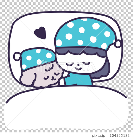 ベッドでかわいいトイプードルの子犬と寝ているナイトキャップをかぶった女の子のイラスト 104535182