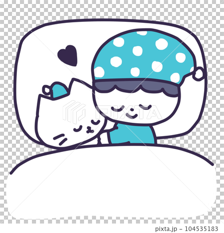 Illustration of a boy wearing a nightcap sleeping with a cute white colored kitten in bed 104535183