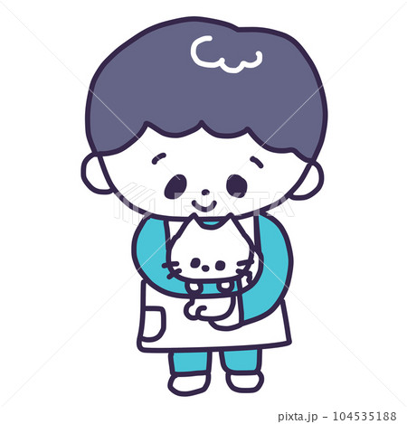 かわいい白い色の子猫を抱っこするペットショップの男性の店員さんのイラスト 104535188