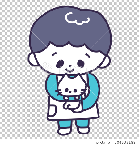 かわいい白い色の子猫を抱っこするペットショップの男性の店員さんのイラスト 104535188