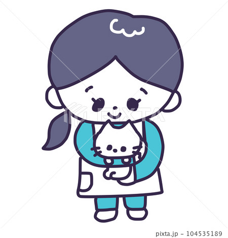かわいい白い色の子猫を抱っこするペットショップの女性の店員さんのイラスト 104535189