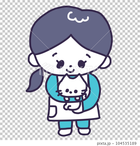 かわいい白い色の子猫を抱っこするペットショップの女性の店員さんのイラスト 104535189