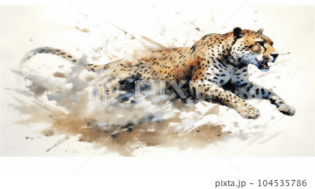 Generative AI, Graceful Speed: Watercolor Drawing of a Cheetah Sprinting 104535786