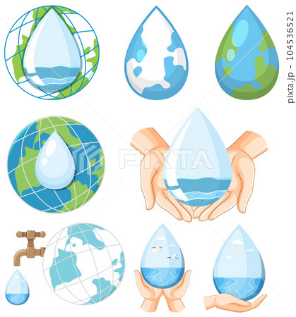 Set of waterdrops and earth globes 104536521
