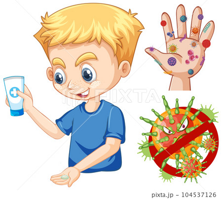 Boy with hand sanitizer for cleaning 104537126