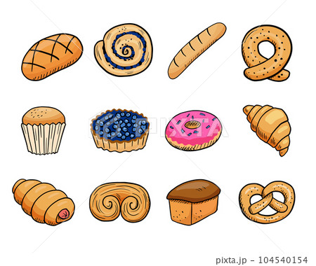 Bread, donut and croissant cartoon set. Colorful sweet isolated on white background. 104540154