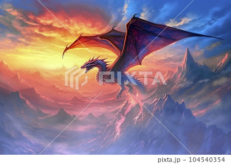 Winged dragon in a fantastic rocky landscape against a blue and red sky, made with generative ai Winged dragon in a fantastic rocky landscape against a blue and red sky, made with generative ai 104540354