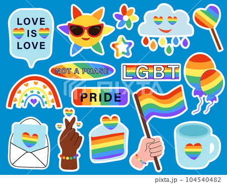 LGBT community sticker pack. LGBTQ set. Symbol of the LGBT pride community. Pride month. Vector flat rainbow elements. LGBT community sticker pack. LGBTQ set. Symbol of the LGBT pride community. Pride month. Vector flat rainbow elements. 104540482