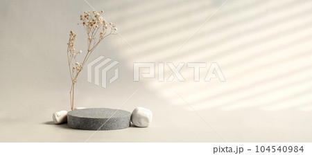 Minimal stone stage product display with sunlight from window and dry flower on cream color background 104540984