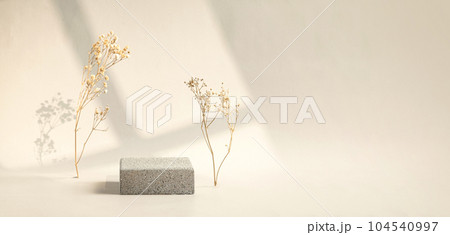Minimal stone stage product display with sunlight from window and dry flower on cream color background 104540997