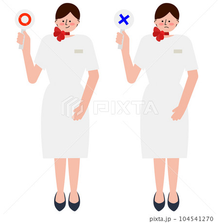 美容部員・エステティシャンの女性が丸とバツの札を上げているイラストのセット(半袖） 104541270