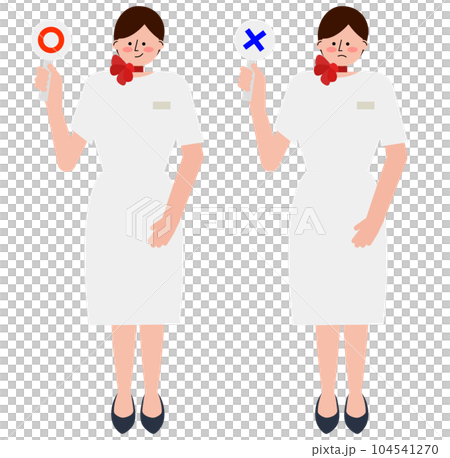美容部員・エステティシャンの女性が丸とバツの札を上げているイラストのセット(半袖） 104541270