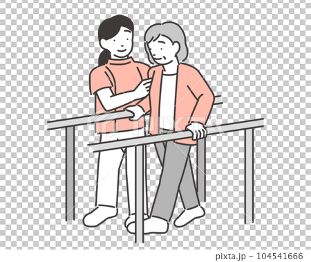 Vector illustration material of a senior woman and an instructor who assists walking training / rehabilitation 104541666