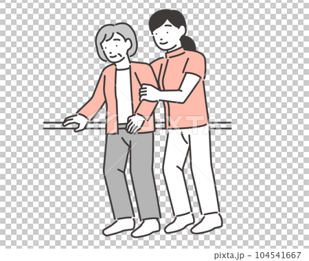 一名高級婦女和一名協助步行訓練/康復的教練的矢量圖解材料 104541667