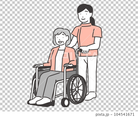 車椅子に乗るシニア女性と介護士のベクターイラスト素材／車いす／介護／怪我／福祉 104541671