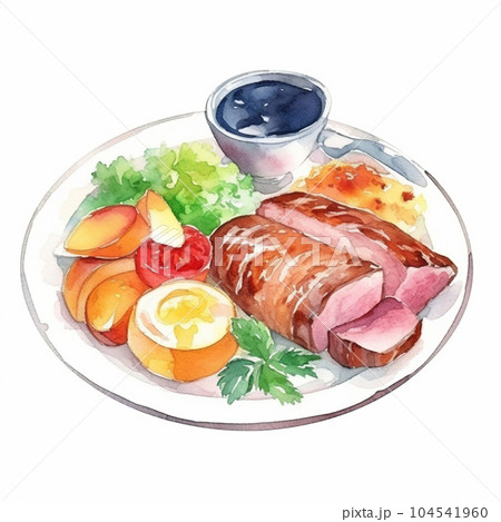 ワンディッシュステーキランチの水彩画　AI画像 104541960