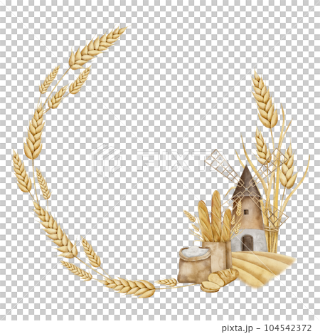 Bakery frame with wheat, rye, grains, windmill, rispy French baguettes in craft bag, sliced fresh bread and flour sack. Hand drawn watercolor illustration of ripe cereals. Wreath for packaging and Bakery frame with wheat, rye, grains, windmill, rispy French baguettes in craft bag, sliced fresh bread and flour sack. Hand drawn watercolor illustration of ripe cereals. Wreath for packaging and 104542372