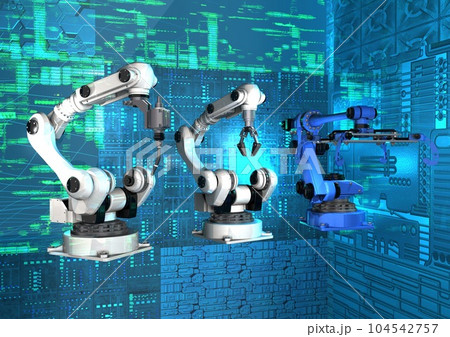 産業用ロボット 溶接用ロボット ロボットハンド 荷物移動ロボット 最先端イメージ(3DCG) 産業用ロボット 溶接用ロボット ロボットハンド 荷物移動ロボット 最先端イメージ(3DCG) 104542757