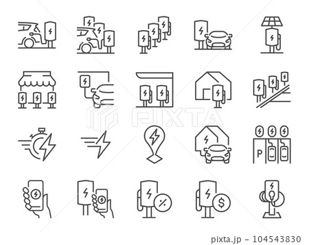 EV car icon set. It included electric car, electric vehicle, ev charger and more icons. Editable Vector Stroke. 104543830