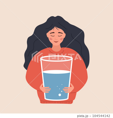Water balance. Thirsty woman hold large glass of clean water. Morning routine. Useful habit, diet and healthy lifestyle. Maintaining daily rate in body. Vector illustration in flat cartoon style 104544142