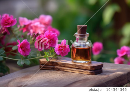 Fragrant Rose Geranium Essential Oil in small transparent glass Bottle on a wooden surface next to fresh Pink Geranium Flowers in full bloom, Garden background with Copy space. 104544346