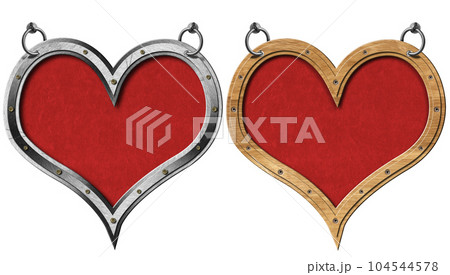 Hearts with Metal and Wooden Frame Hanging from Steel Rings Hearts with Metal and Wooden Frame Hanging from Steel Rings 104544578