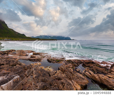 Ramberg beach summer cloudy view (Norway, Lofoten). 104544888