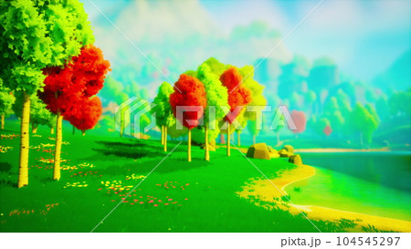 colorful cartoon forest at sunset 104545297