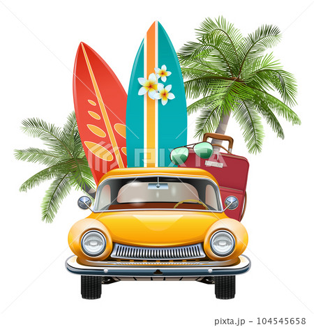 Vector Surfing Travel Concept with Yellow Car 104545658