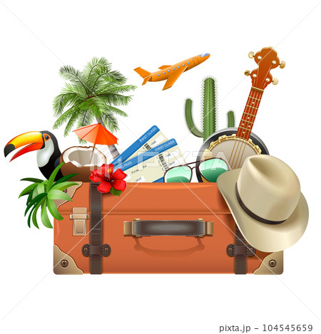 Vector Tropical Tourism Concept with Retro Baggage 104545659
