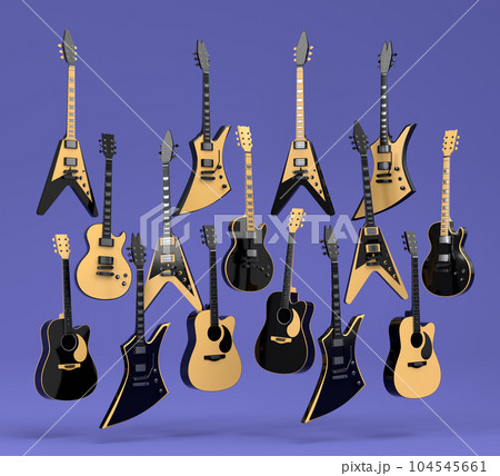 Set of electric acoustic guitars isolated on purple background. Set of electric acoustic guitars isolated on purple background. 104545661