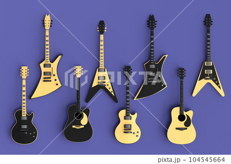 Set of electric acoustic guitars isolated on purple background. Set of electric acoustic guitars isolated on purple background. 104545664