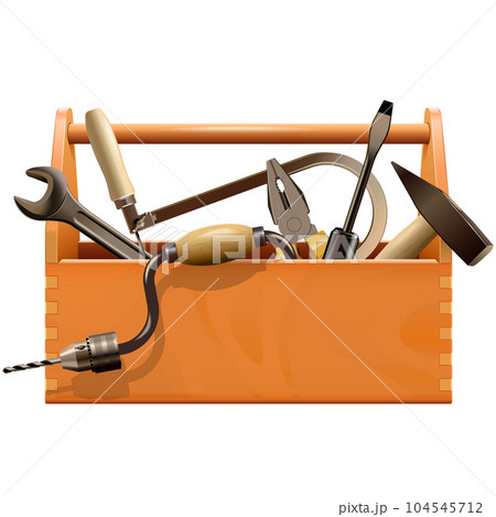 Vector Wooden Toolbox with Old Retro Tools Vector Wooden Toolbox with Old Retro Tools 104545712