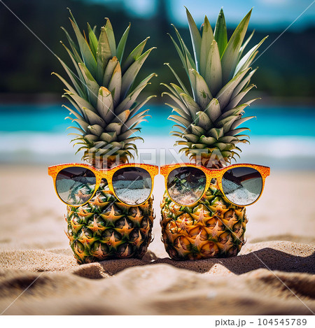 Pineapples in Sunglasses on the Sand at the Beach Pineapples in Sunglasses on the Sand at the Beach 104545789