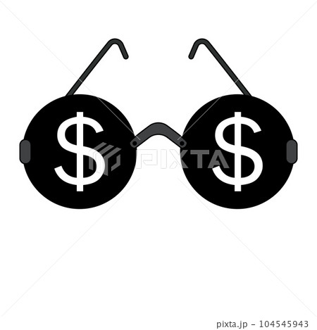 Black round glasses with two dollar signs. Vector illustration, icon isolated on white background. 104545943