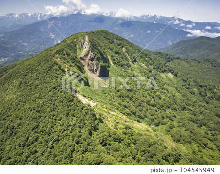 大渚山と後立山連峰の雄大な眺め　長野県小谷村（ドローンによる空撮） 104545949