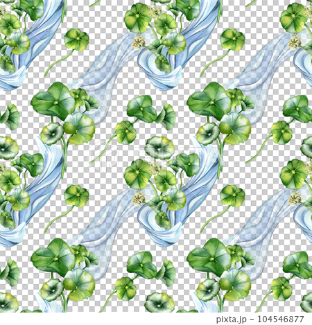 Centella asiatica herbal plants and wave watercolor seamless pattern isolated on white. Pennywort, gotu kola water shape, geranium flower hand drawn. Design for package, textile, wrapping, background Centella asiatica herbal plants and wave watercolor seamless pattern isolated on white. Pennywort, gotu kola water shape, geranium flower hand drawn. Design for package, textile, wrapping, background 104546877