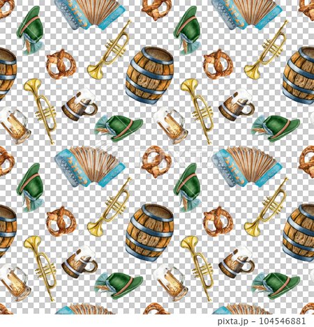 Wooden barrel, pint of beer, german hat, accordion watercolor seamless pattern isolated on white. Pretzel, wheat ear, trumpet hand drawn. Design for beer festival, brewing, wrapping, background Wooden barrel, pint of beer, german hat, accordion watercolor seamless pattern isolated on white. Pretzel, wheat ear, trumpet hand drawn. Design for beer festival, brewing, wrapping, background 104546881